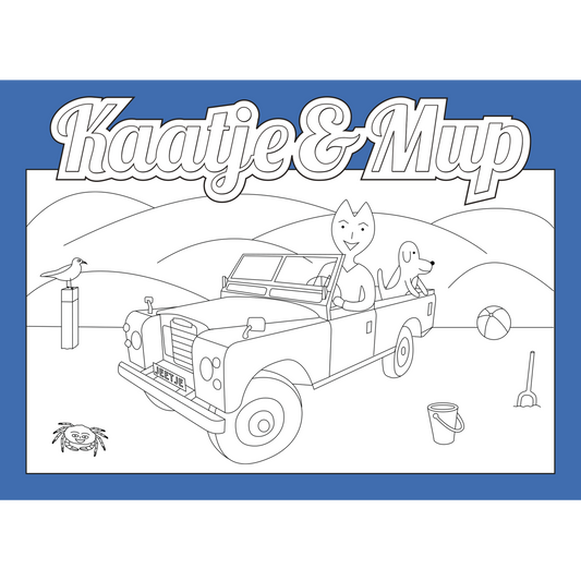 Kleurplaatkaart van Kaatje&Mup: Jeetje's strandrit in de jeep — foto 2