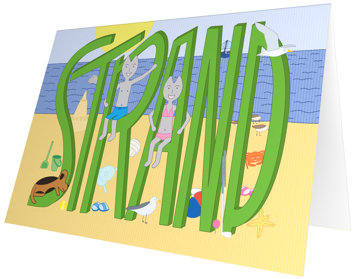 Ansichtkaart van Kaatje&Mup met een strandtafereel, getekend aan zee