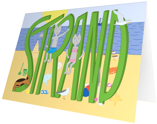 Ansichtkaart van Kaatje&Mup met een strandtafereel, getekend aan zee