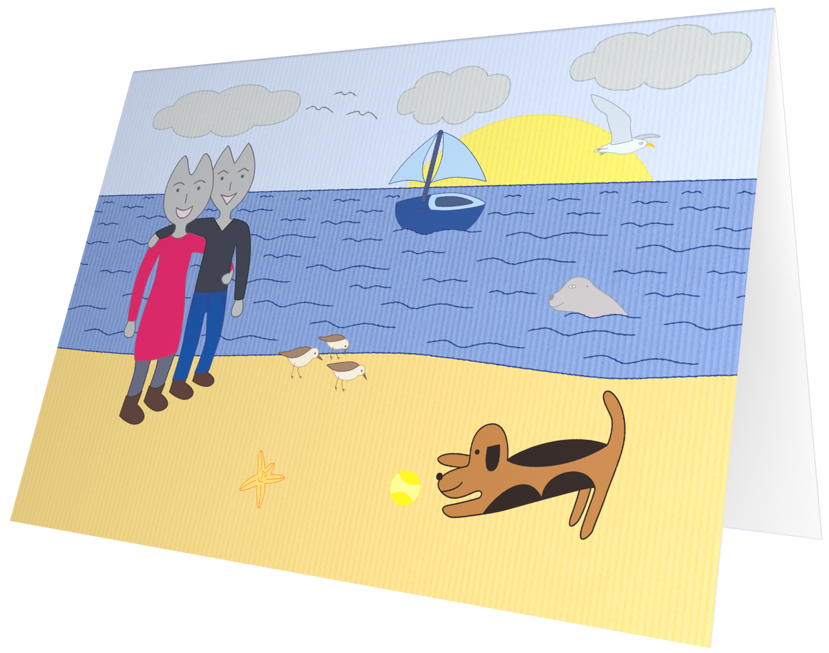 Ansichtkaart van Kaatje&Mup: strandwandeling, getekend aan zee