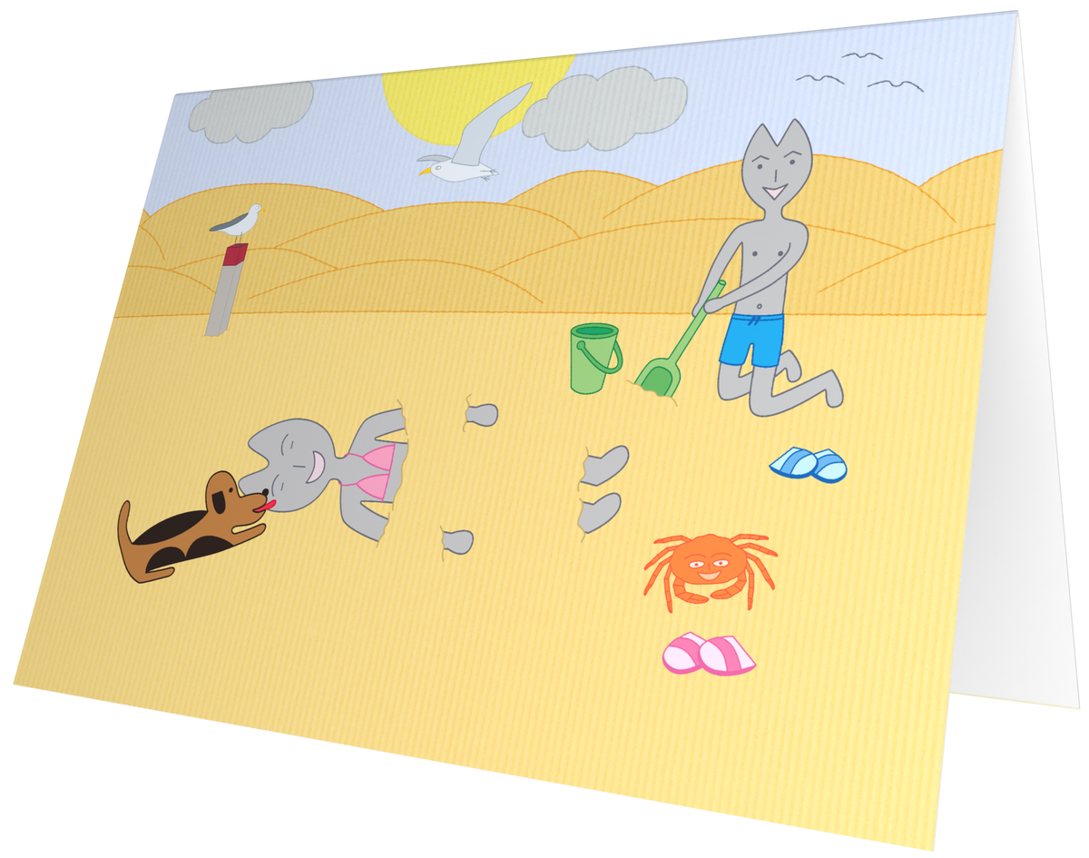 Ansichtkaart van Kaatje&Mup: spelen op het strand met een schep
