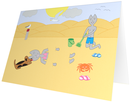 Ansichtkaart van Kaatje&Mup: spelen op het strand met een schep