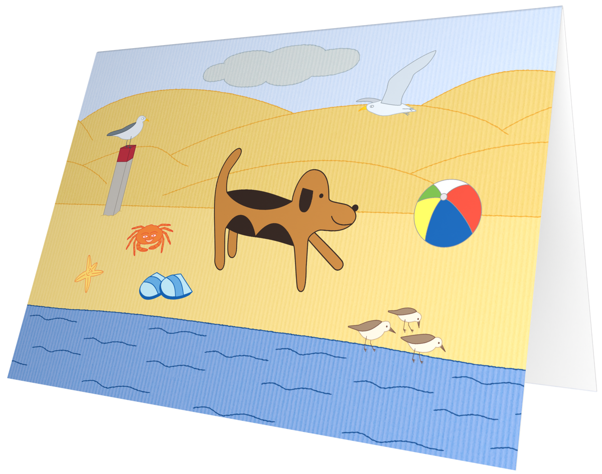 Ansichtkaart van Kaatje&Mup: Mup op het strand bij een strandpaal