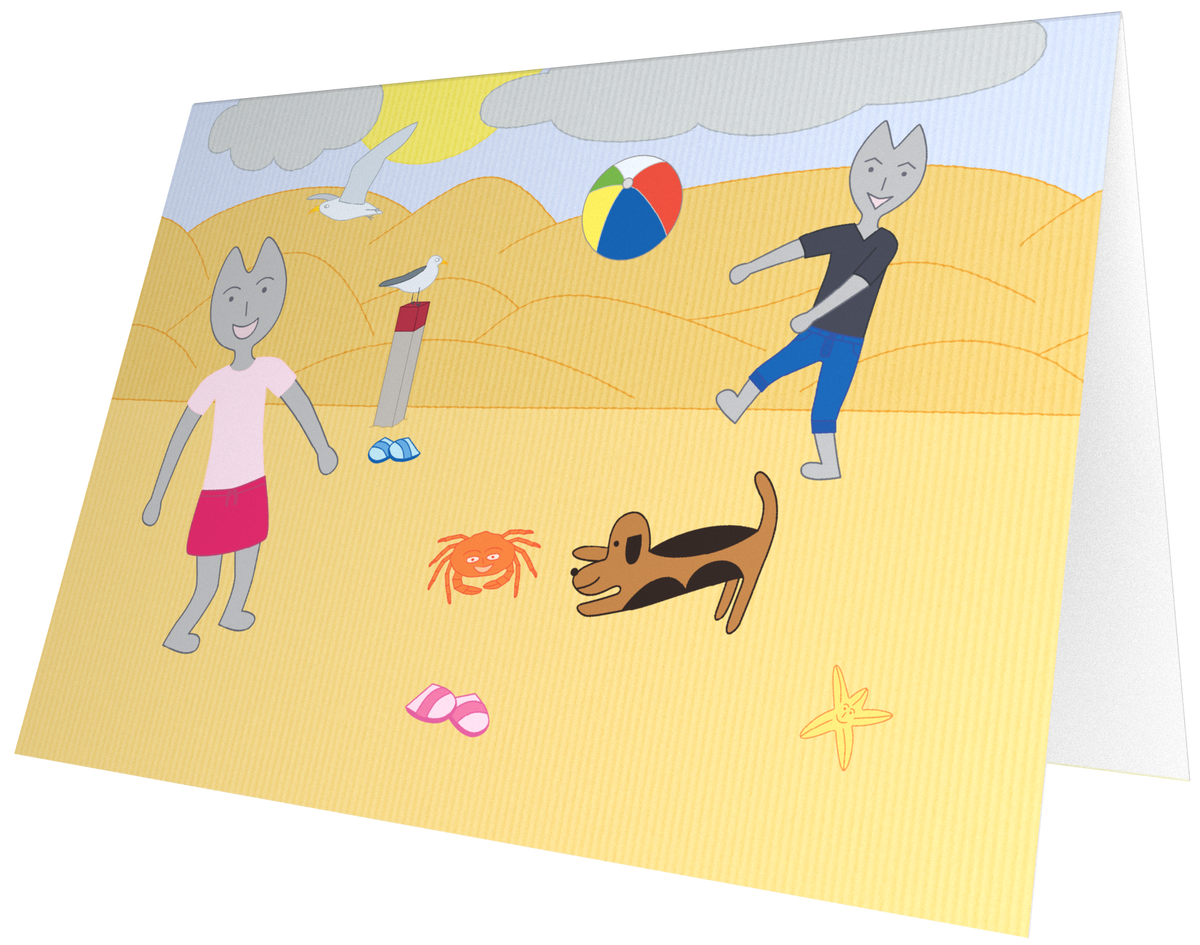 Ansichtkaart van Kaatje&Mup: spelen met de strandbal