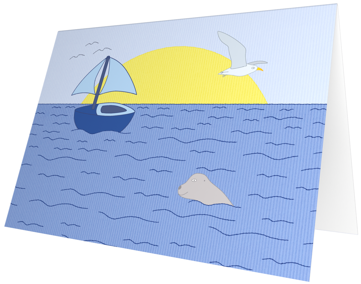 Ansichtkaart van Kaatje&Mup: zonsondergang met een zeilboot