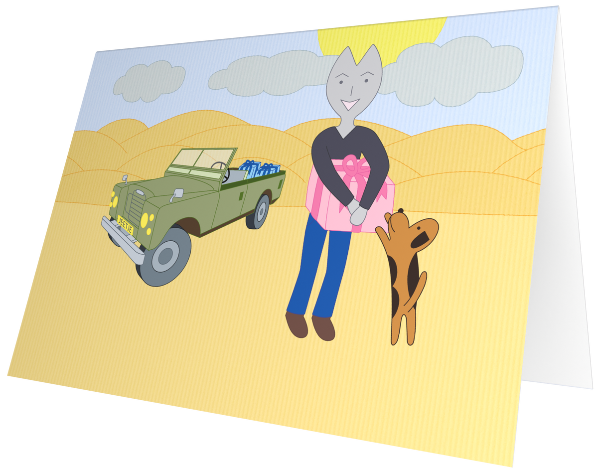 Ansichtkaart van Kaatje&Mup: Jeetje brengt cadeautjes met de auto