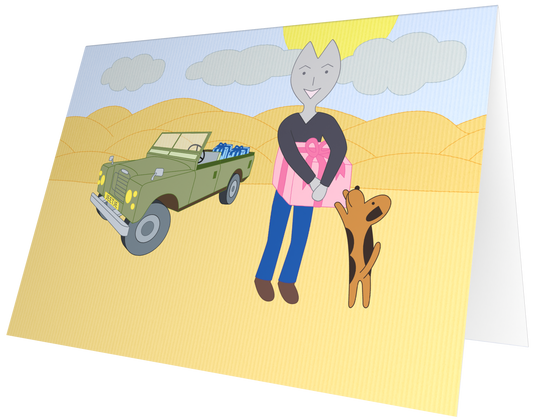 Ansichtkaart van Kaatje&Mup: Jeetje brengt cadeautjes met de auto